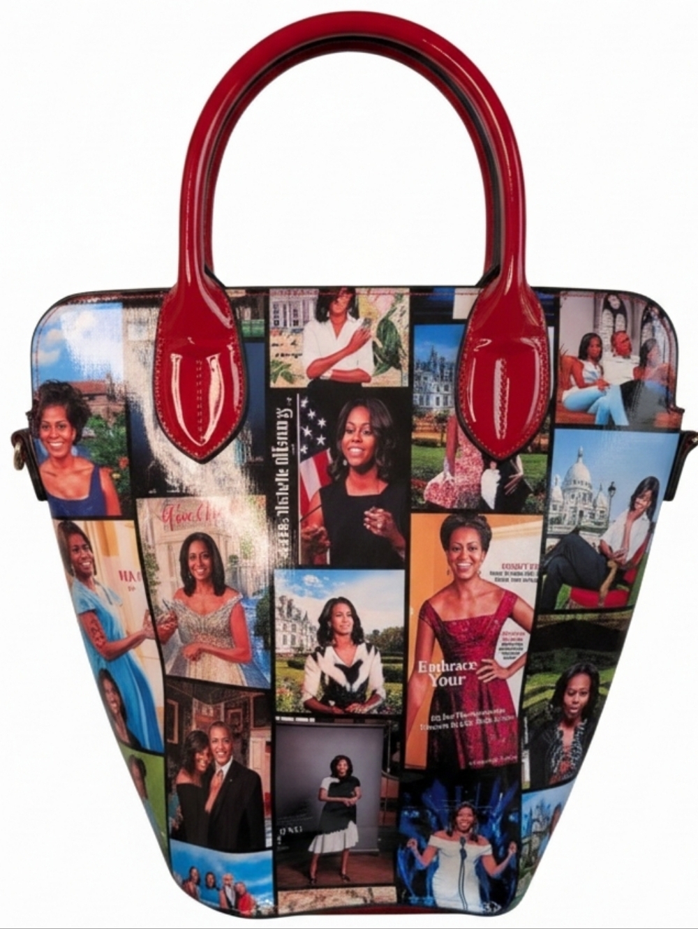 Michelle Obama magazine collage tote, red patent handles Statement Bag